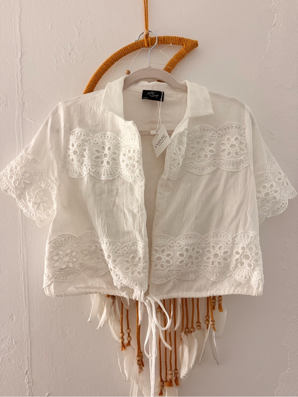 White Eyelet Cropped Blouse with Tie Front